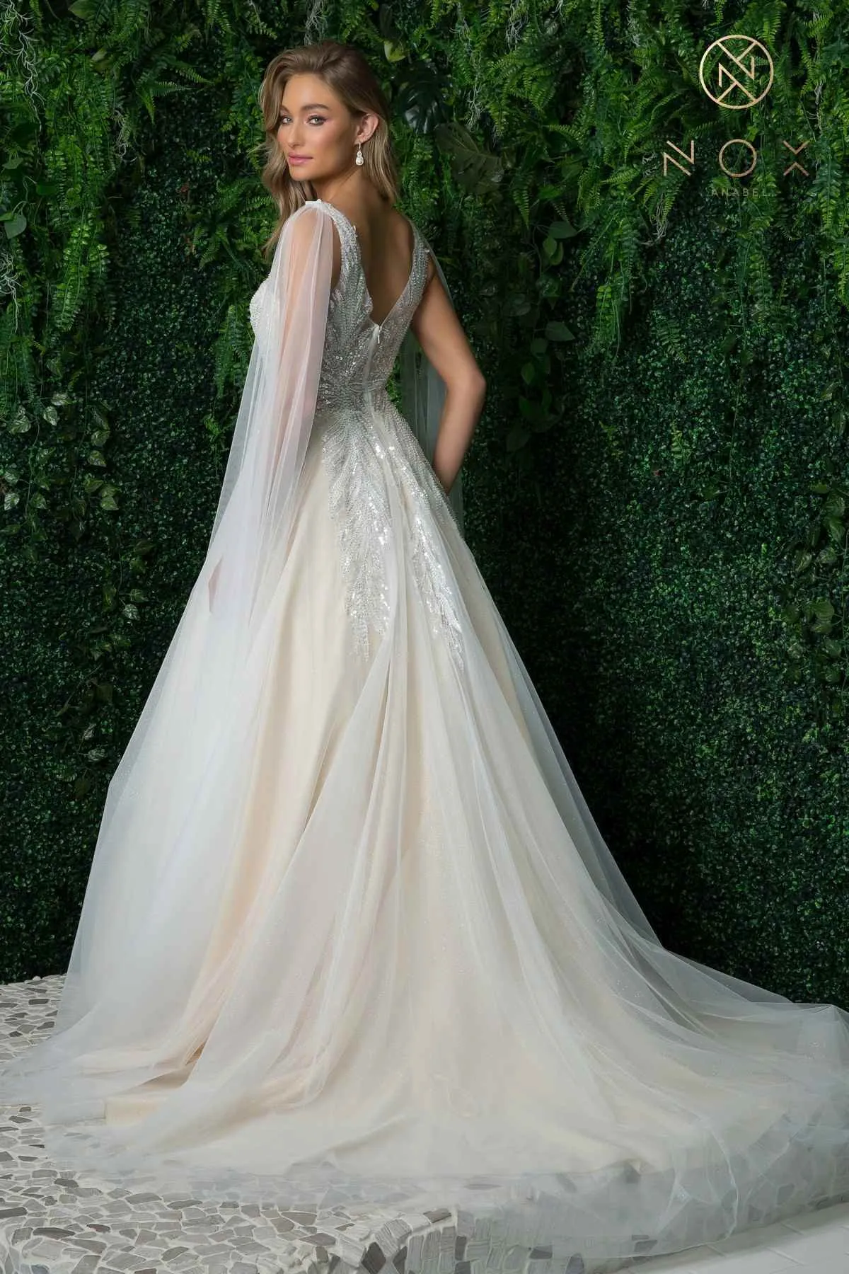Nox Anabel JE947 Long A-Line Tulle Gown V-Neckline with Cape Sleeve