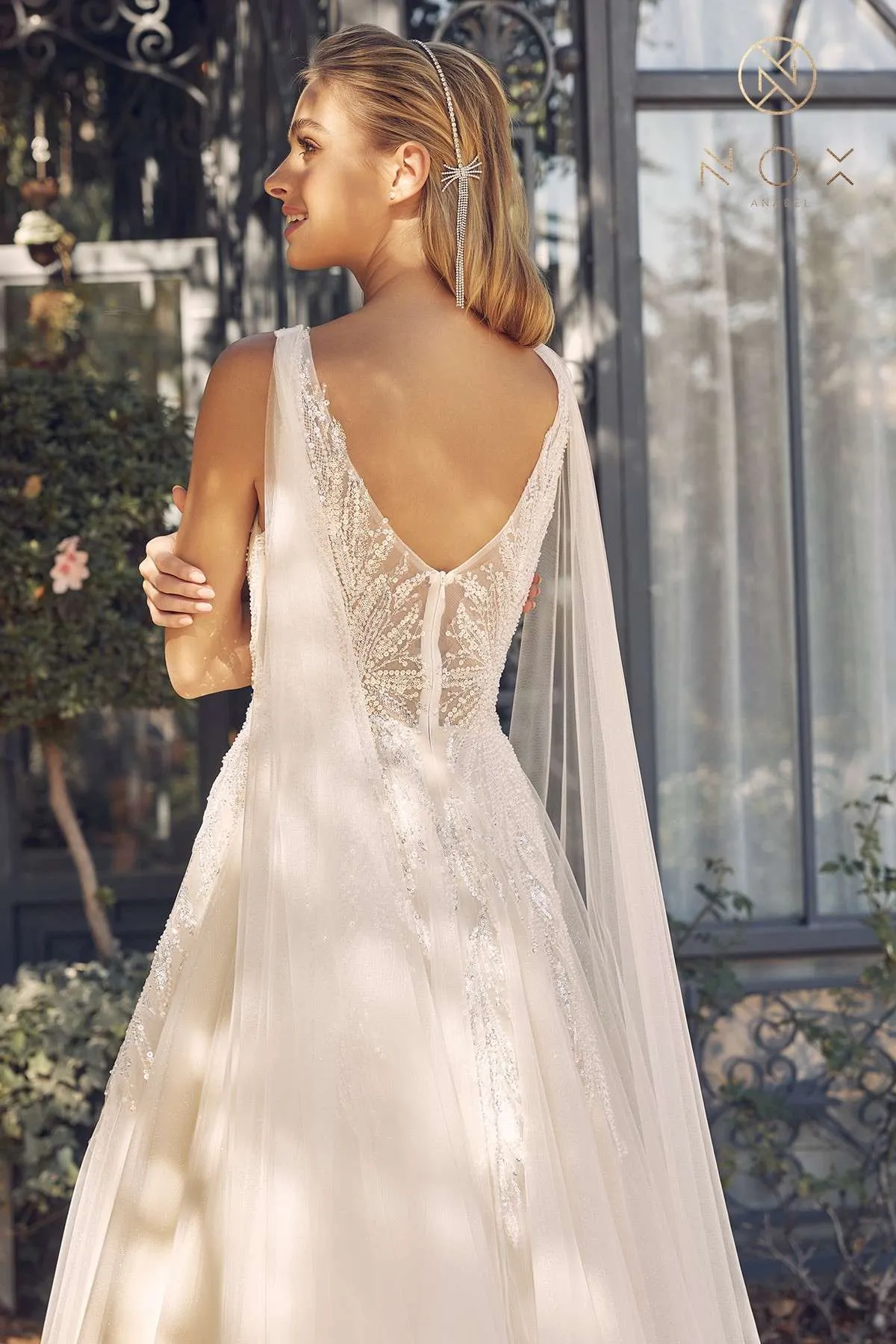 Nox Anabel JE947 Long A-Line Tulle Gown V-Neckline with Cape Sleeve