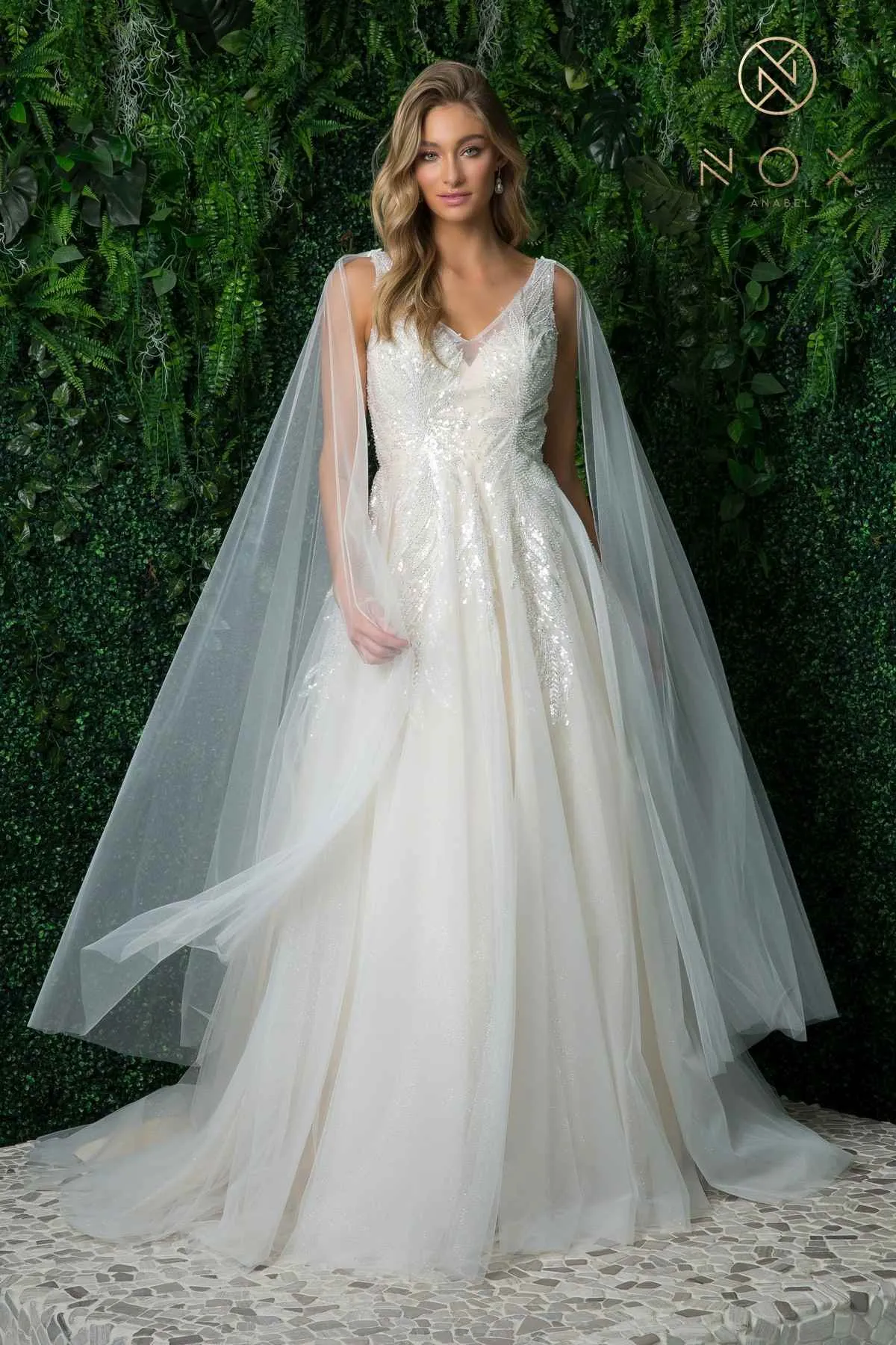 Nox Anabel JE947 Long A-Line Tulle Gown V-Neckline with Cape Sleeve
