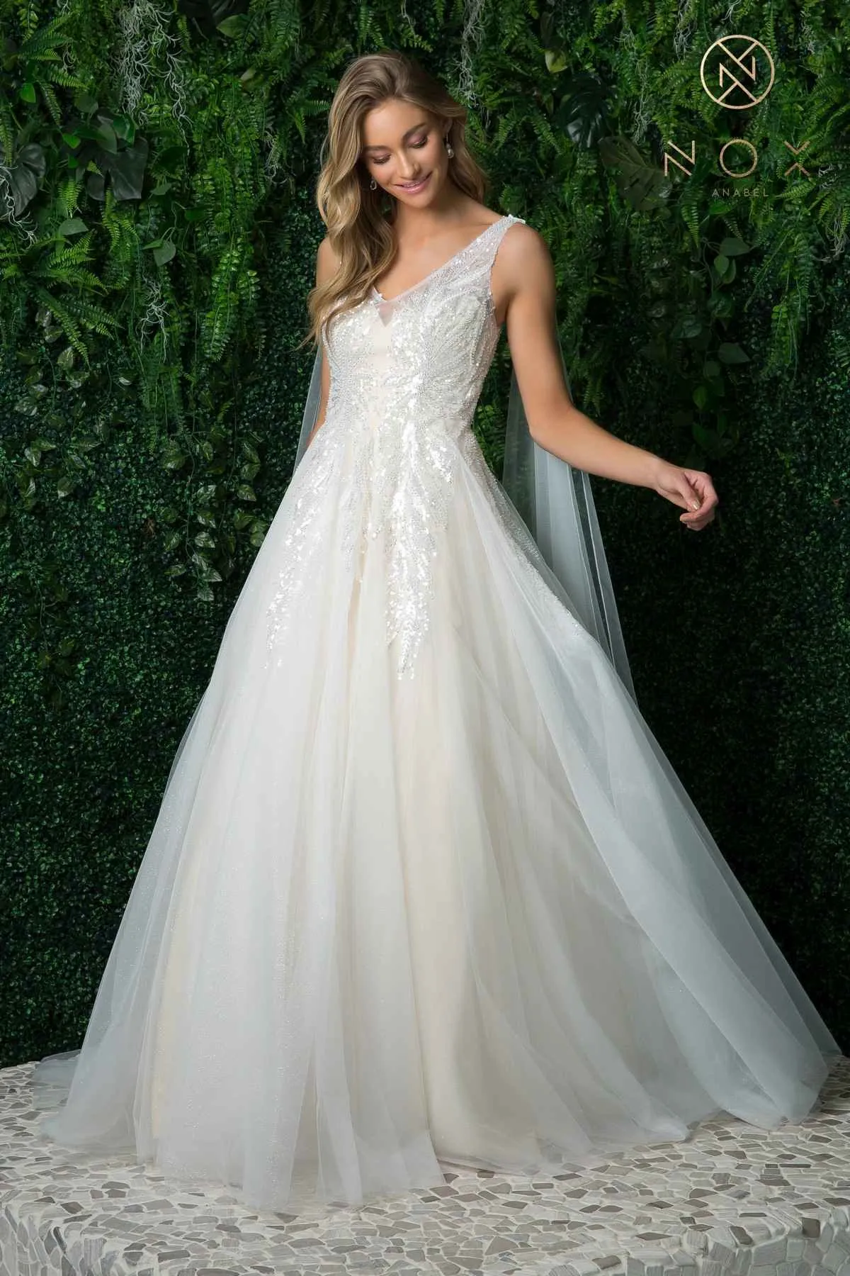 Nox Anabel JE947 Long A-Line Tulle Gown V-Neckline with Cape Sleeve