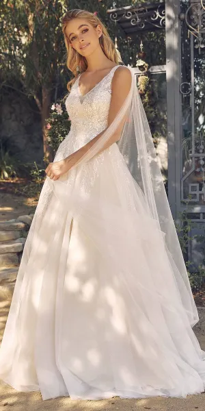 Nox Anabel JE947 Long A-Line Tulle Gown V-Neckline with Cape Sleeve