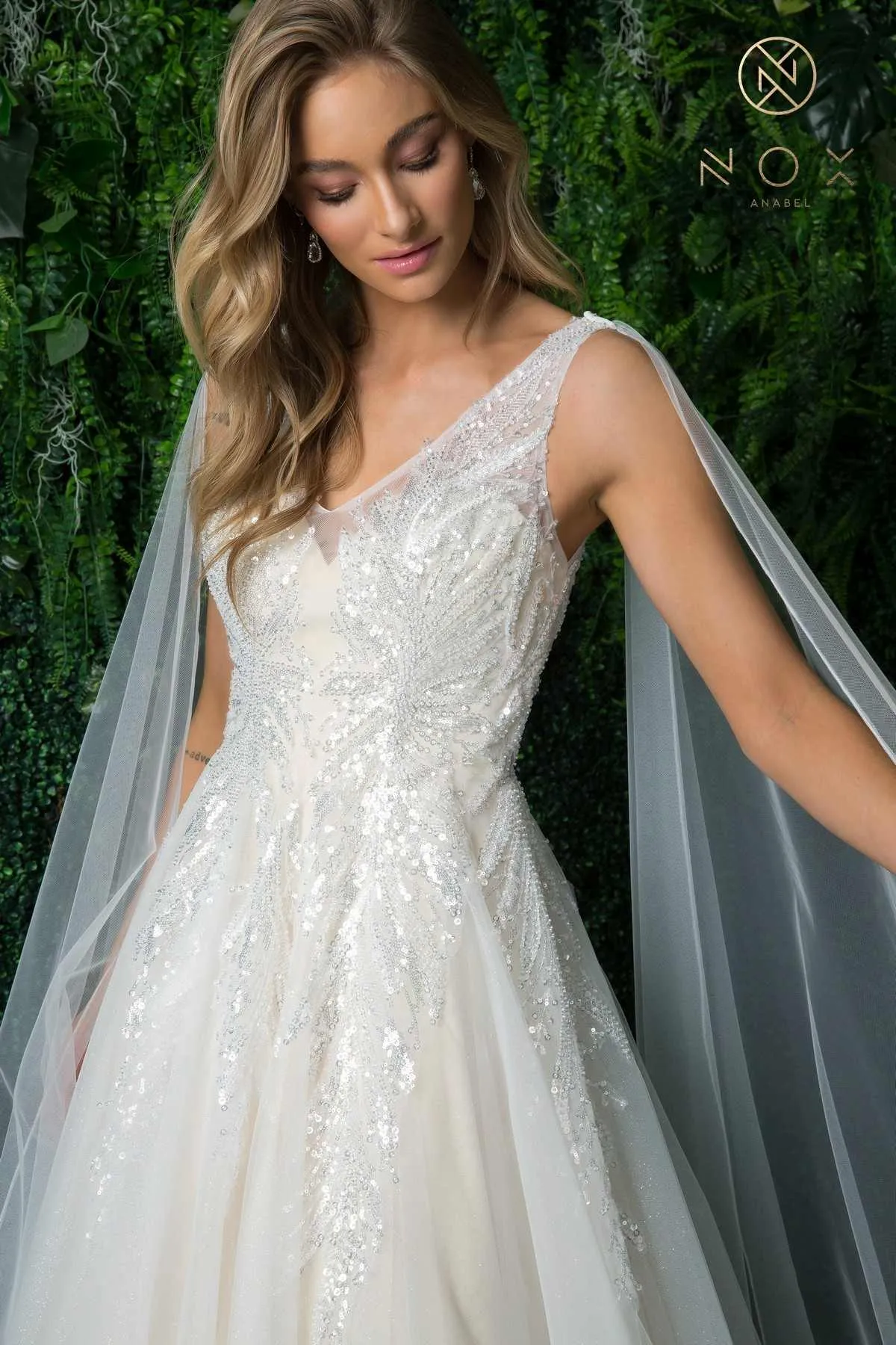 Nox Anabel JE947 Long A-Line Tulle Gown V-Neckline with Cape Sleeve