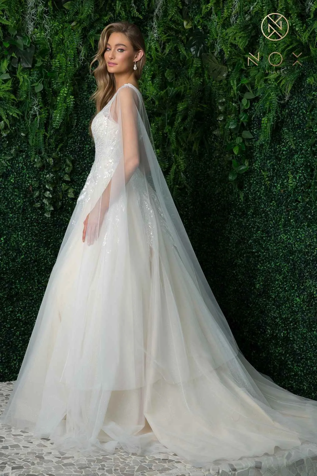 Nox Anabel JE947 Long A-Line Tulle Gown V-Neckline with Cape Sleeve