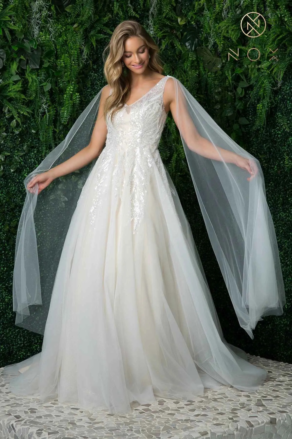 Nox Anabel JE947 Long A-Line Tulle Gown V-Neckline with Cape Sleeve