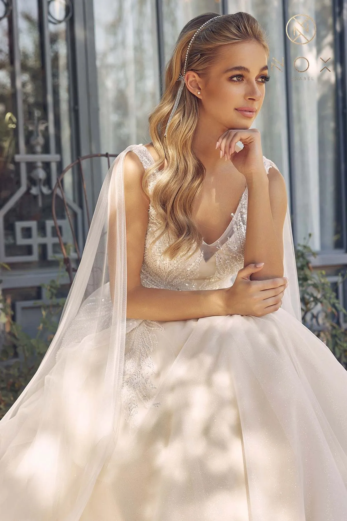Nox Anabel JE947 Long A-Line Tulle Gown V-Neckline with Cape Sleeve