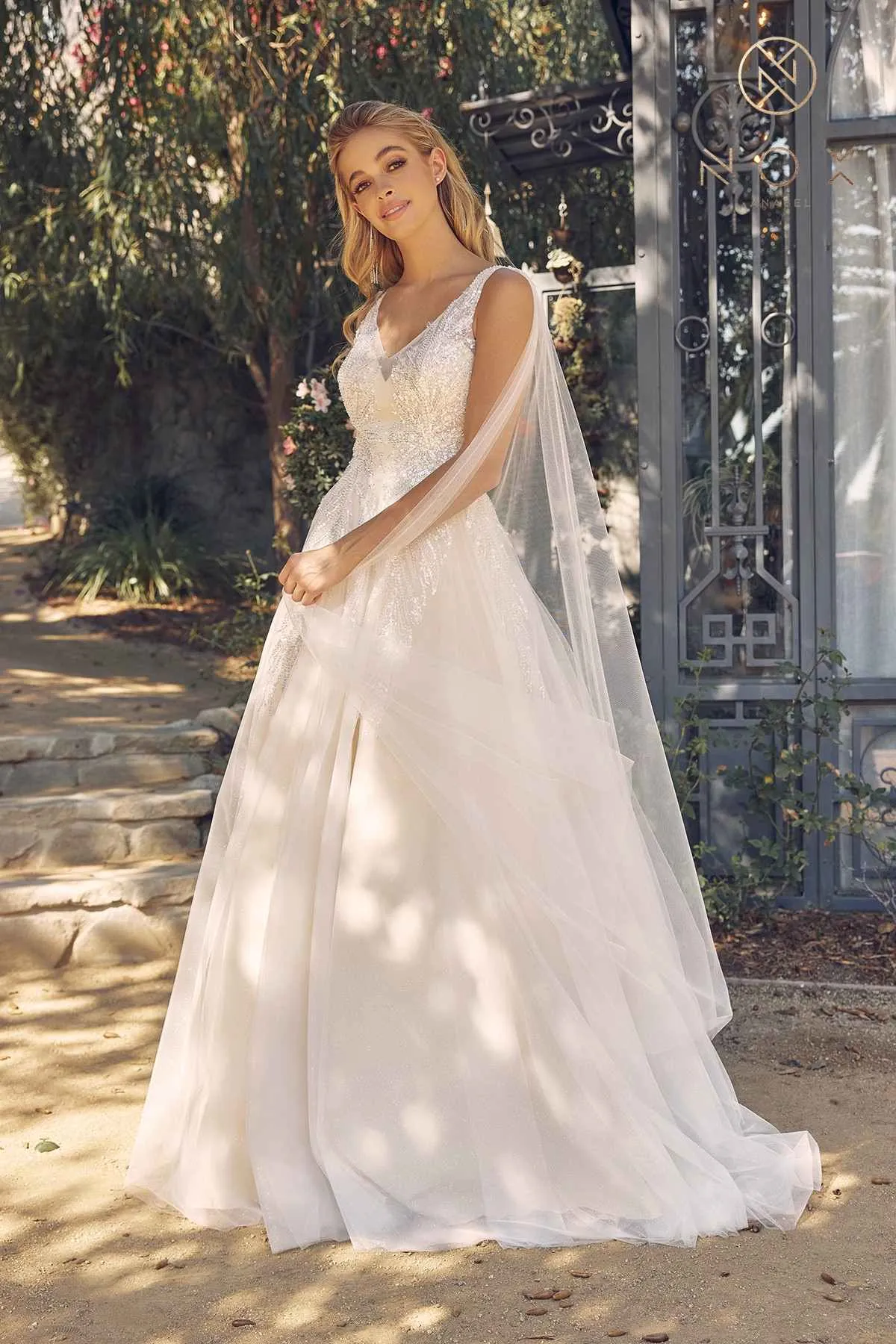 Nox Anabel JE947 Long A-Line Tulle Gown V-Neckline with Cape Sleeve