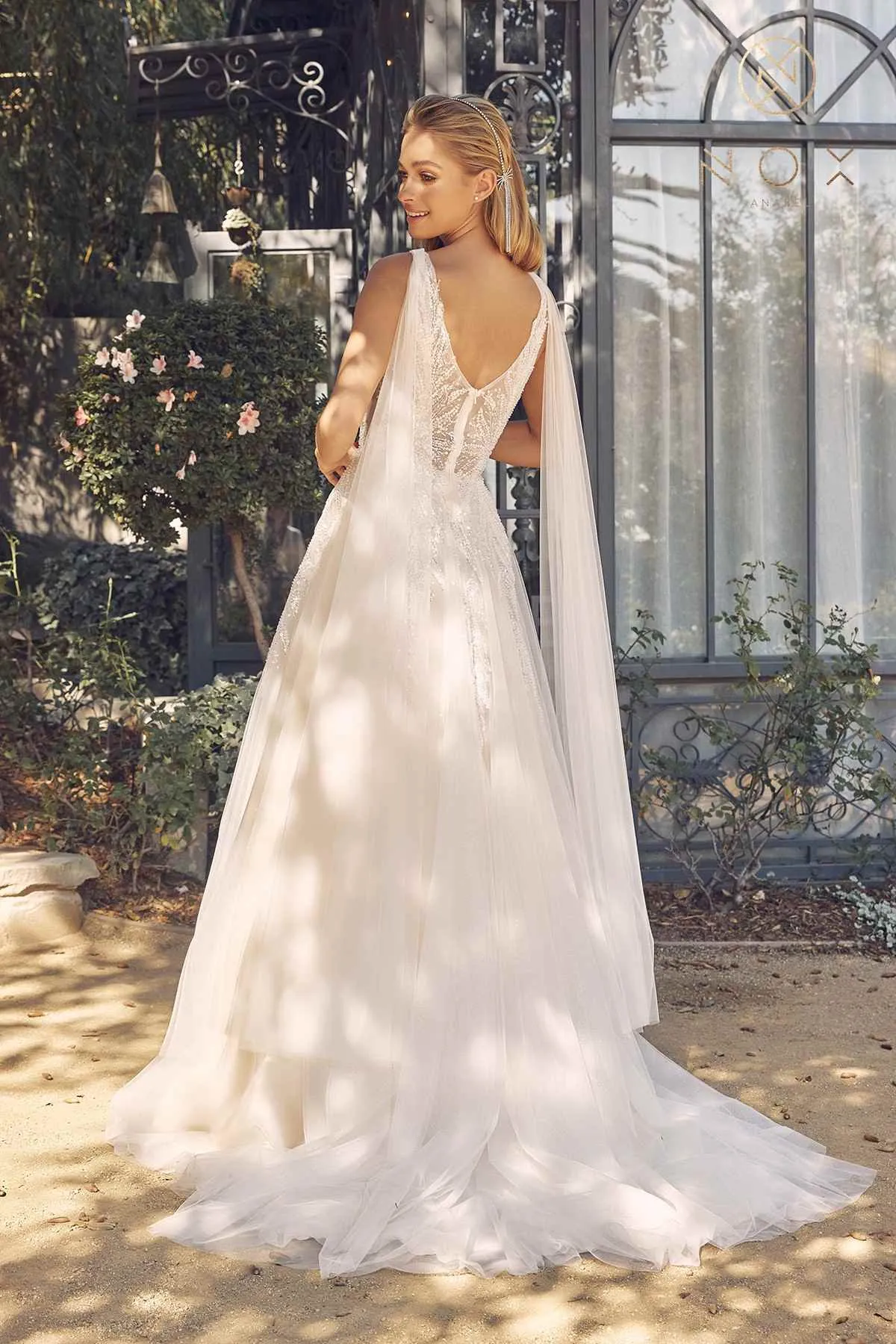 Nox Anabel JE947 Long A-Line Tulle Gown V-Neckline with Cape Sleeve