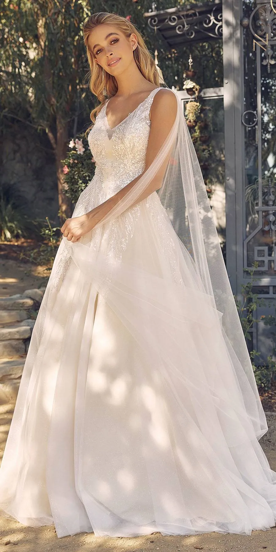 Nox Anabel JE947 Long A-Line Tulle Gown V-Neckline with Cape Sleeve
