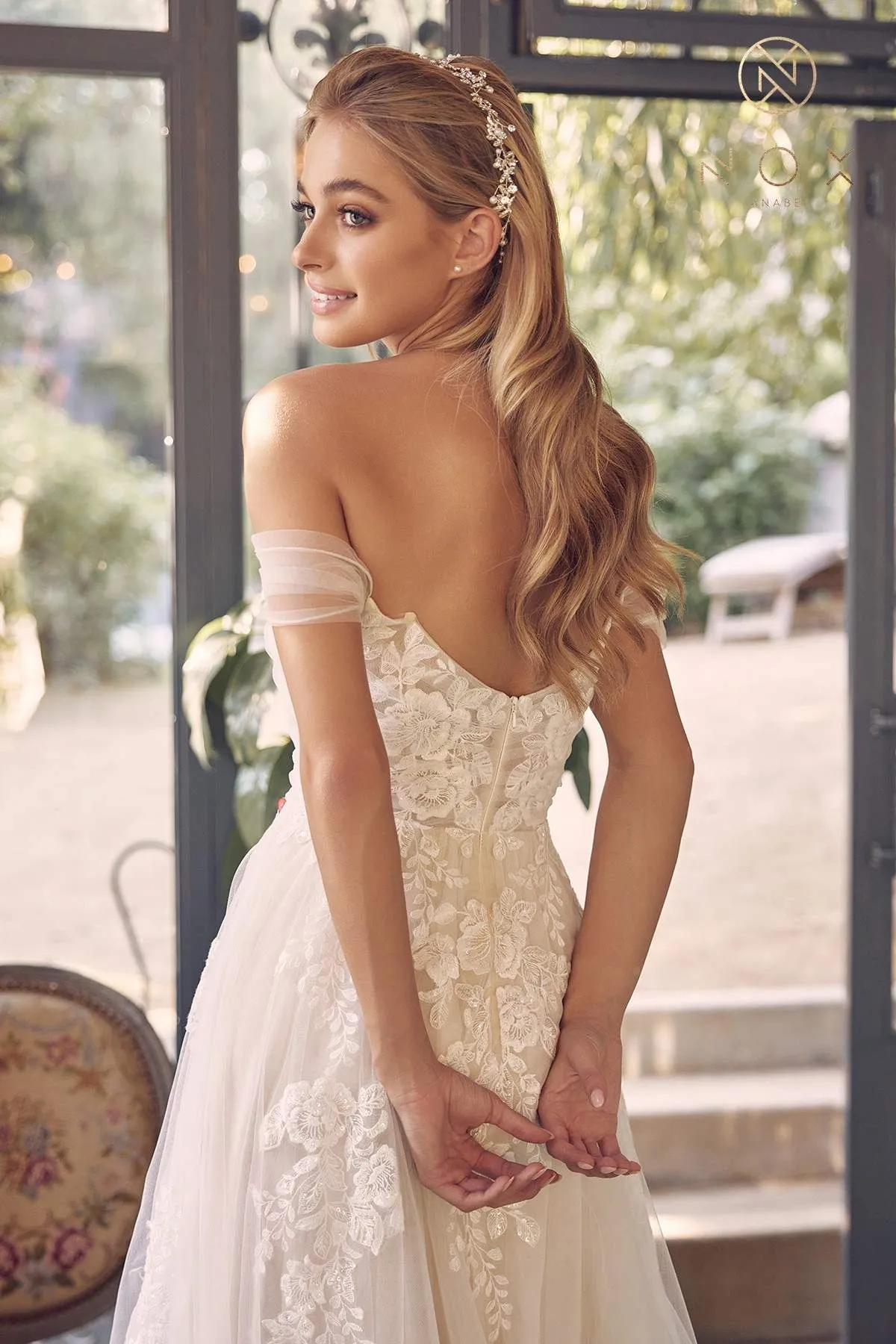 Nox Anabel JE953 Long Sweetheart Neck A-Line Gown Off Shoulder with Slit