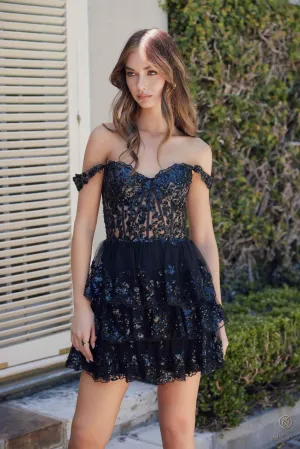 Nox Anabel K856 Short Off the Shoulder A-Line Tiered Skirt Dress