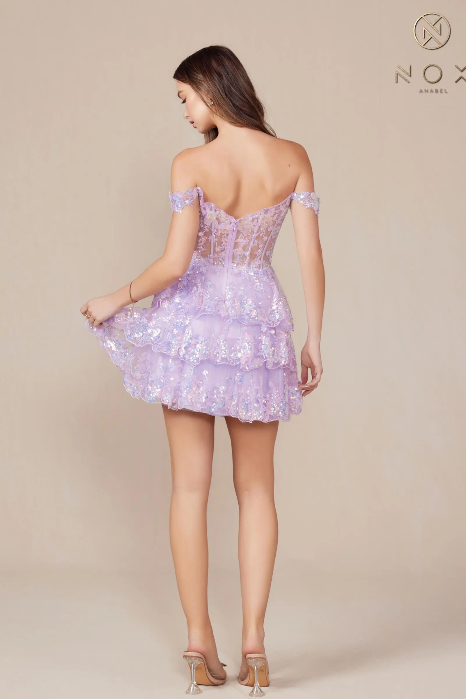 Nox Anabel K856 Short Off the Shoulder A-Line Tiered Skirt Dress