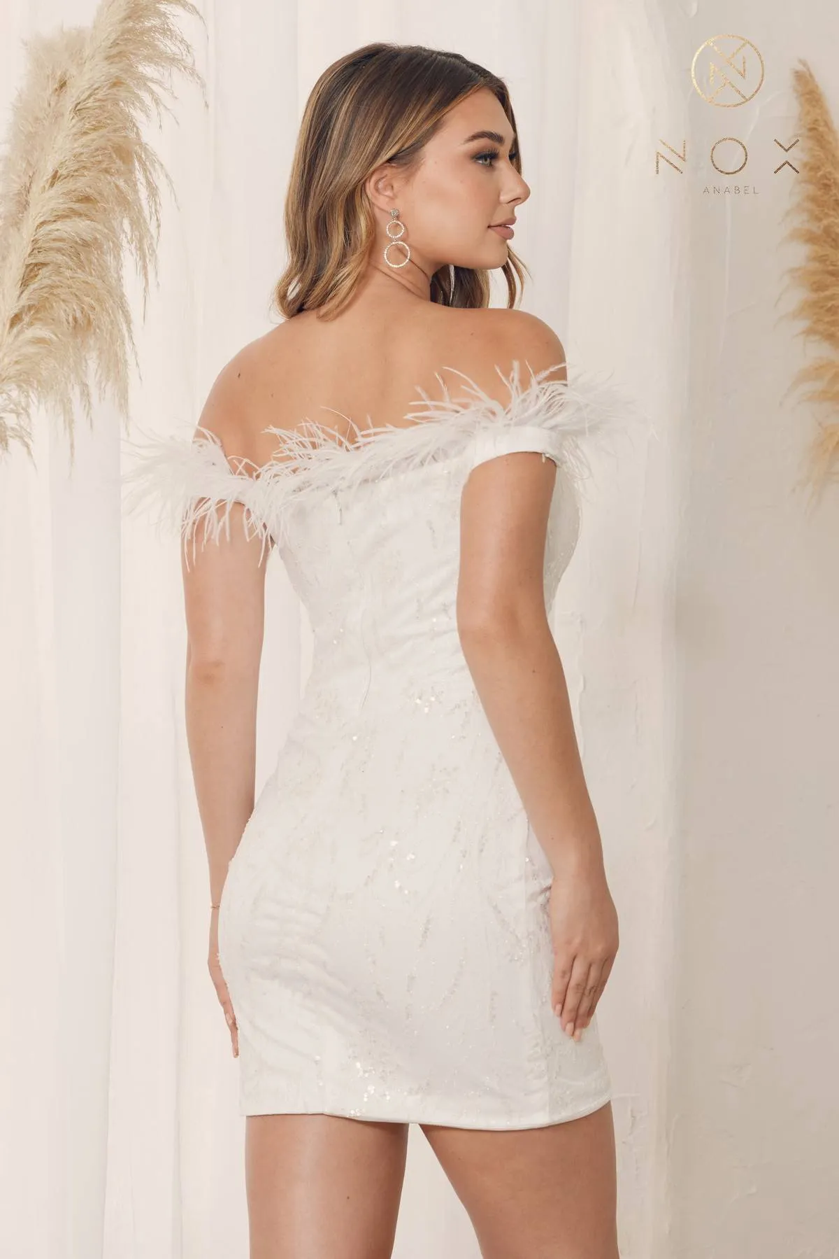 Nox Anabel T790 Short Off Shoulder Feather Strap Sequin Cocktail Dress
