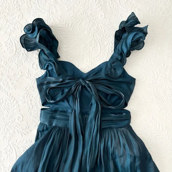 NWOT Lulus Pristine Glow Dark Teal Ruffled Tie-Back Maxi Dress Small