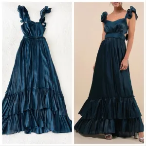 NWOT Lulus Pristine Glow Dark Teal Ruffled Tie-Back Maxi Dress Small