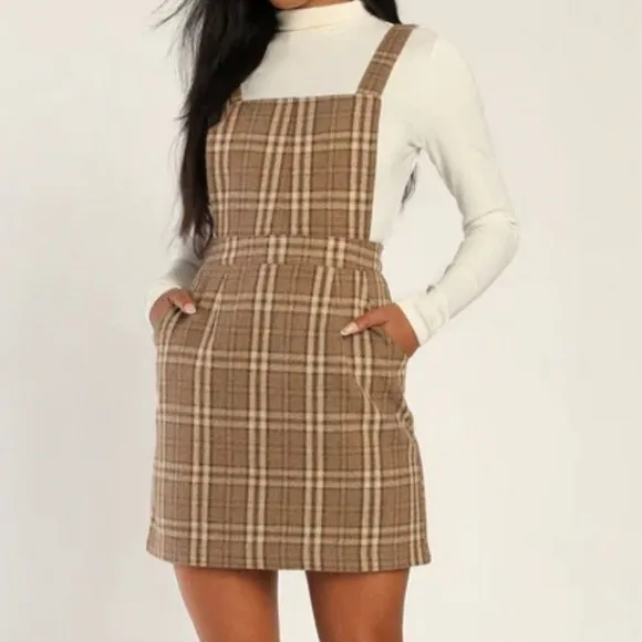 NWT Lulu's Plaid to Be Yours Beige and Brown Plaid Pinafore Mini Dress‎