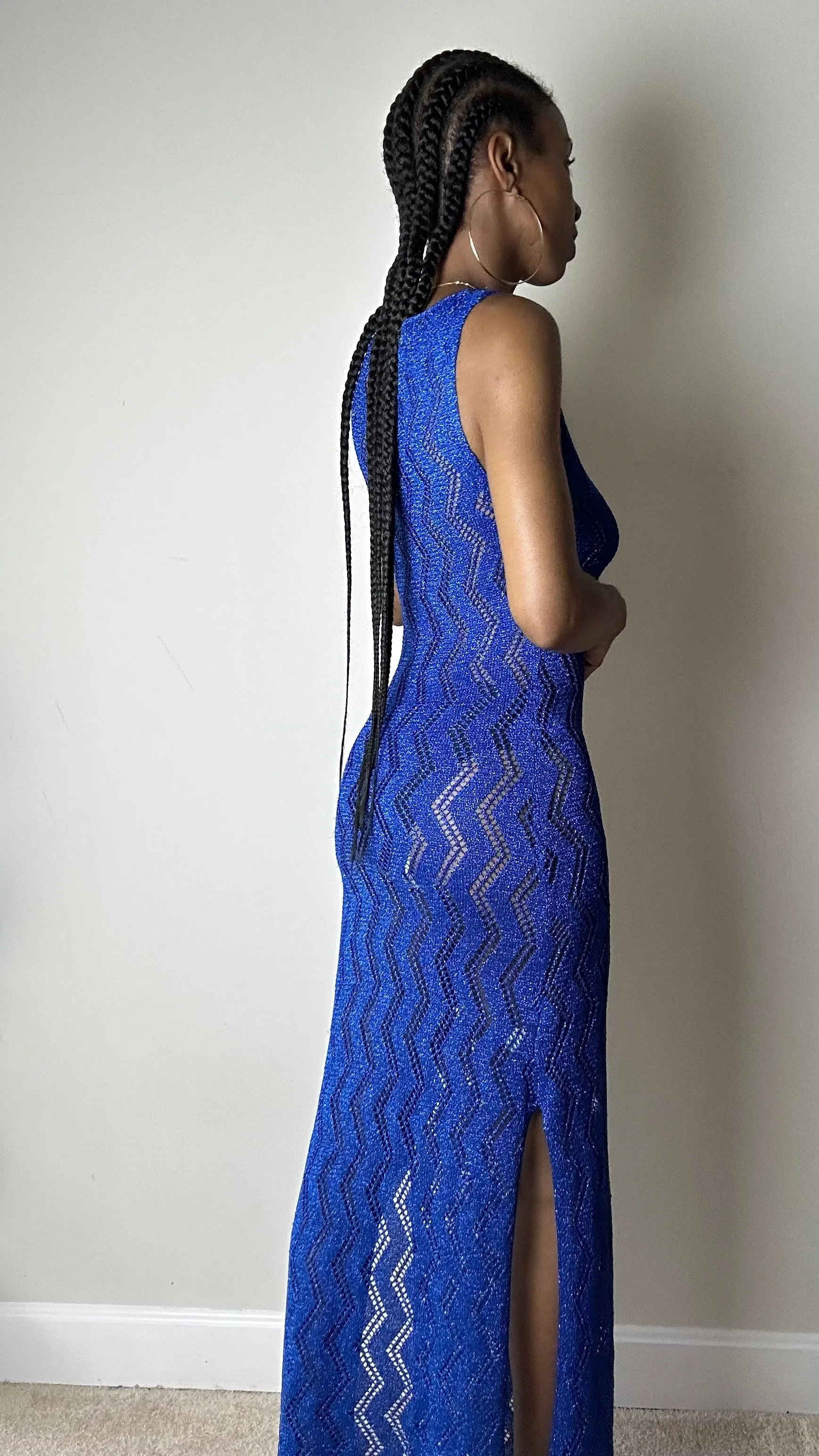 Ocean Blue Metallic Knit Crochet Maxi Dress