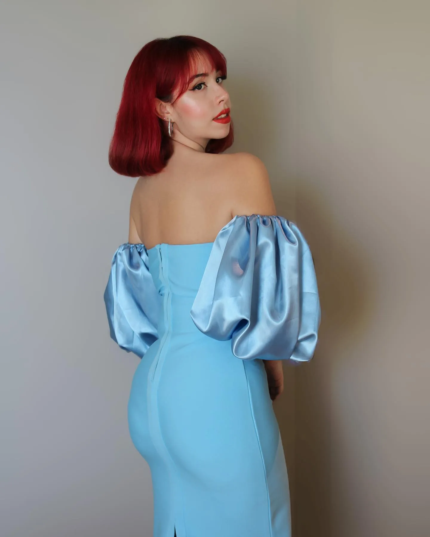 Off Shoulder Puff Sleeve Frill Midi Bandage Dress