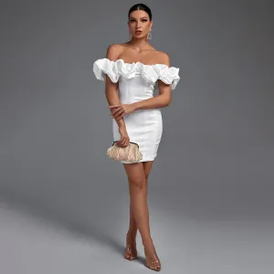 Off Shoulder Short Sleeve Frill Mini Bodycon Dress