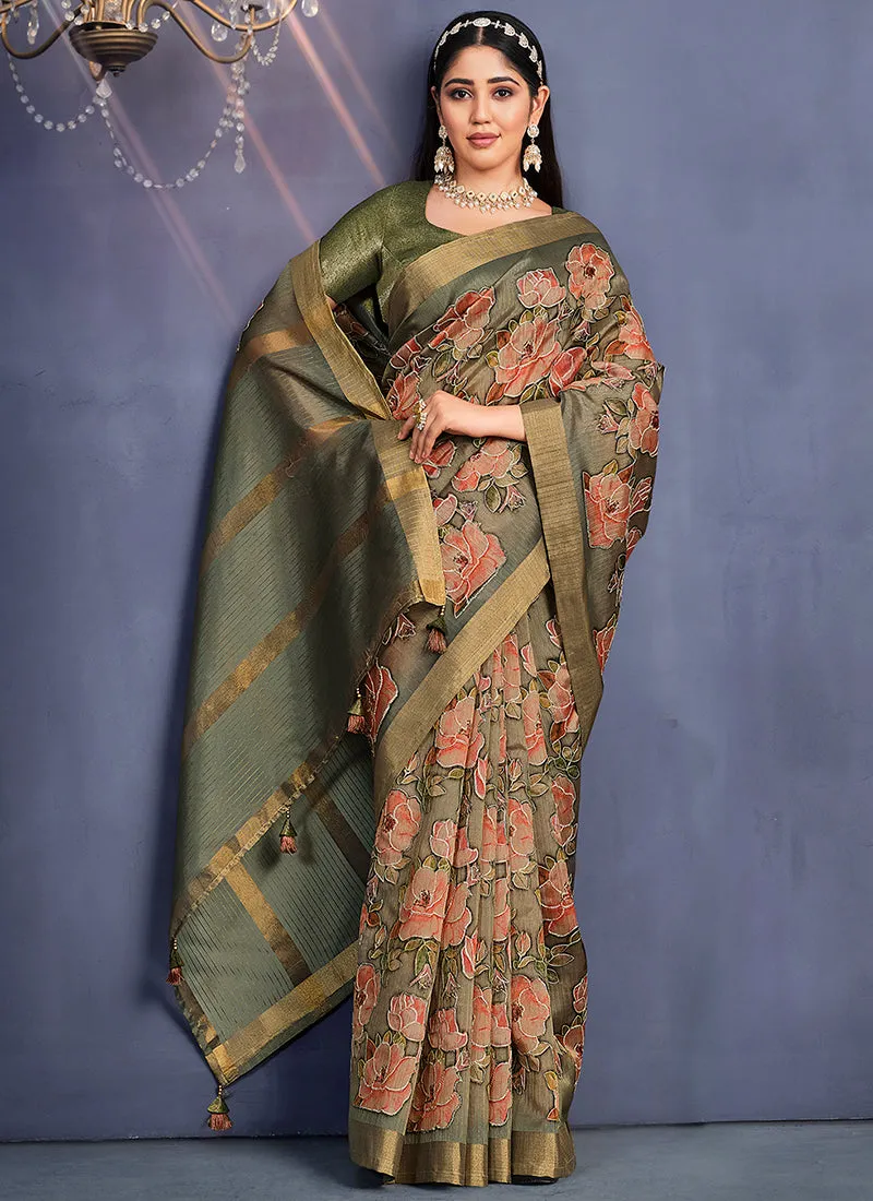 Olive Green Floral Print And Sequence Silk Saree