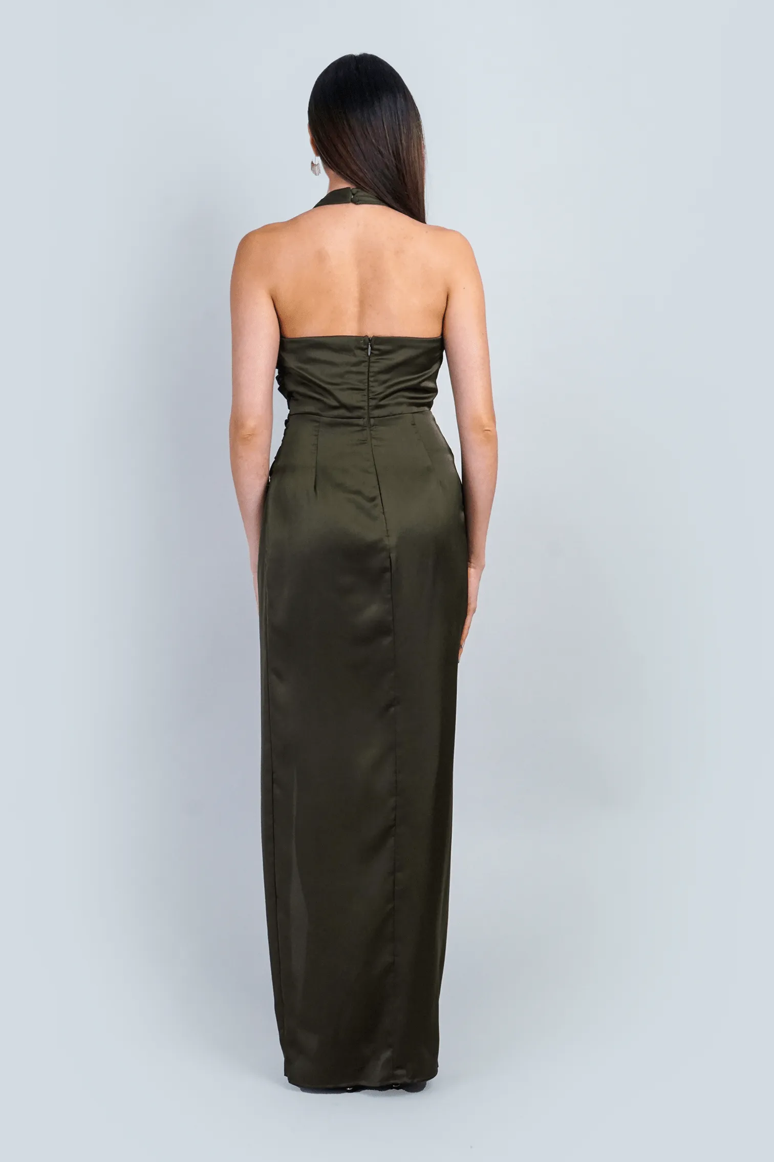 Olive Halter Side Drape Gown