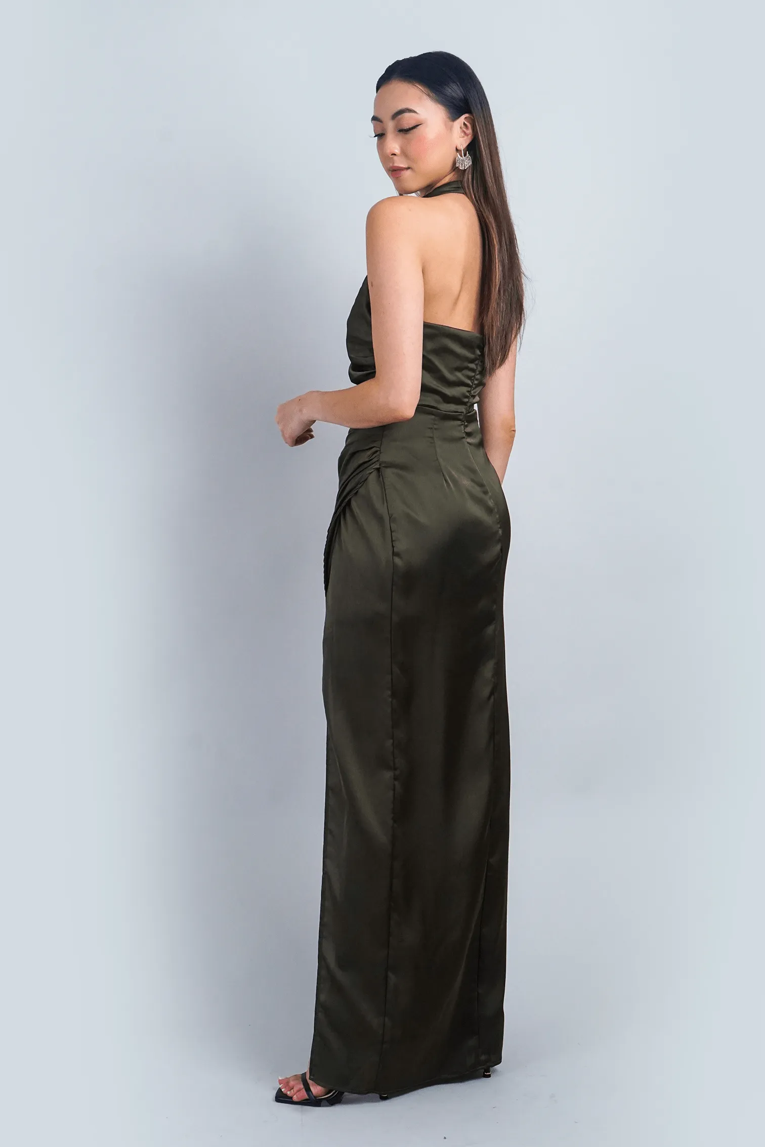 Olive Halter Side Drape Gown