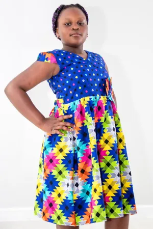 Olivia Girl dress- V class neck with two  blue bold colorful dress