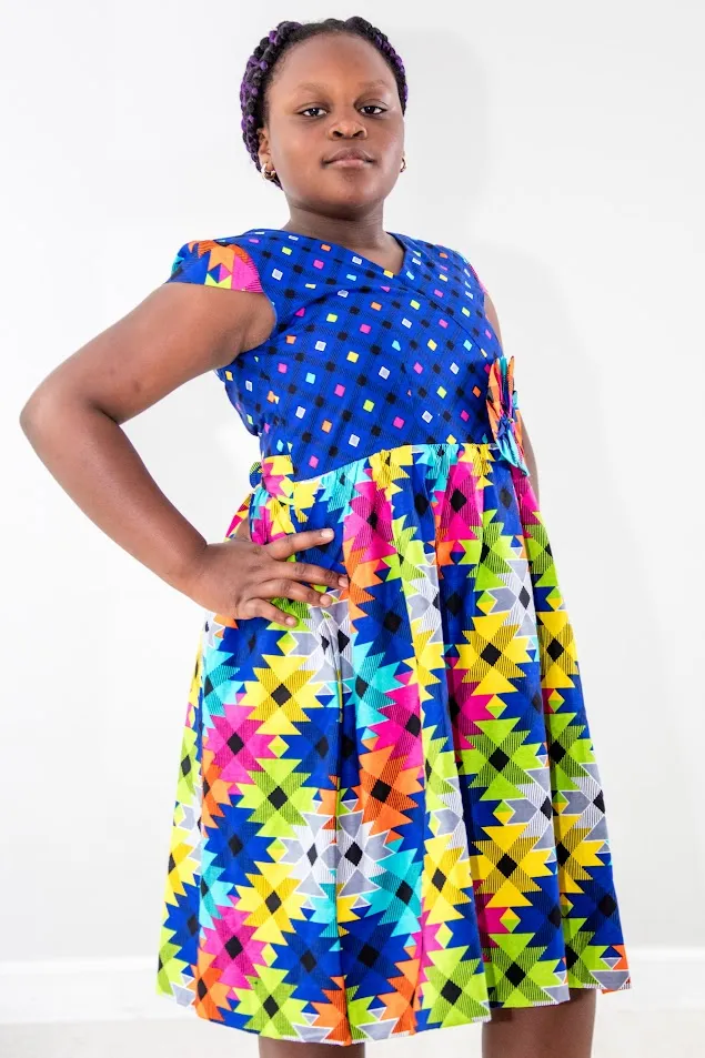 Olivia Girl dress- V class neck with two  blue bold colorful dress