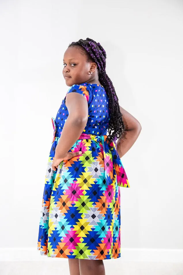 Olivia Girl dress- V class neck with two  blue bold colorful dress