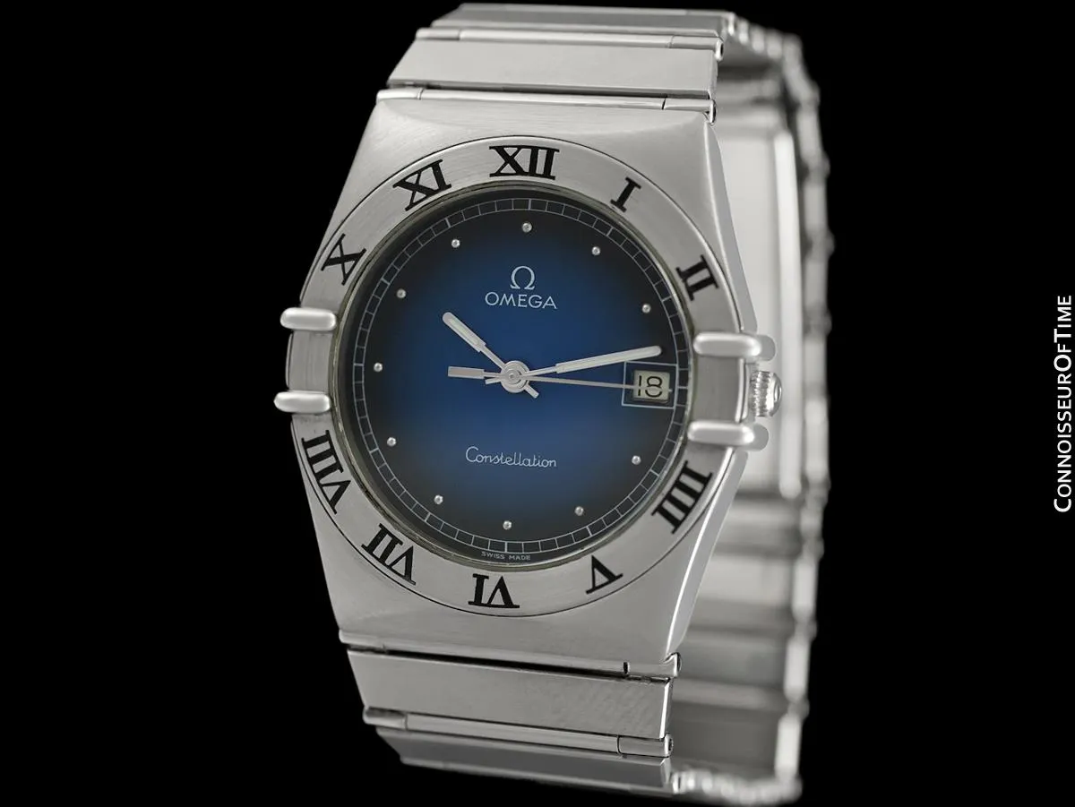 Omega Constellation Mens 35mm Blue Vignette Dial Watch, Quartz, Date - Brushed Stainless Steel