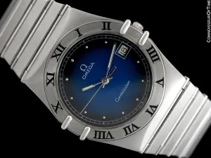 Omega Constellation Mens 35mm Blue Vignette Dial Watch, Quartz, Date - Brushed Stainless Steel
