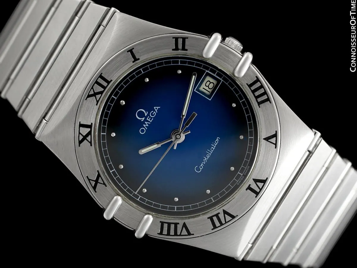Omega Constellation Mens 35mm Blue Vignette Dial Watch, Quartz, Date - Brushed Stainless Steel