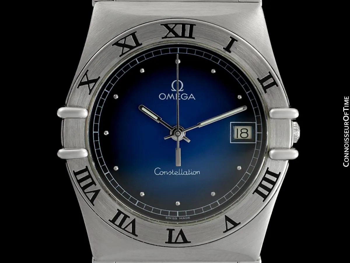 Omega Constellation Mens 35mm Blue Vignette Dial Watch, Quartz, Date - Brushed Stainless Steel