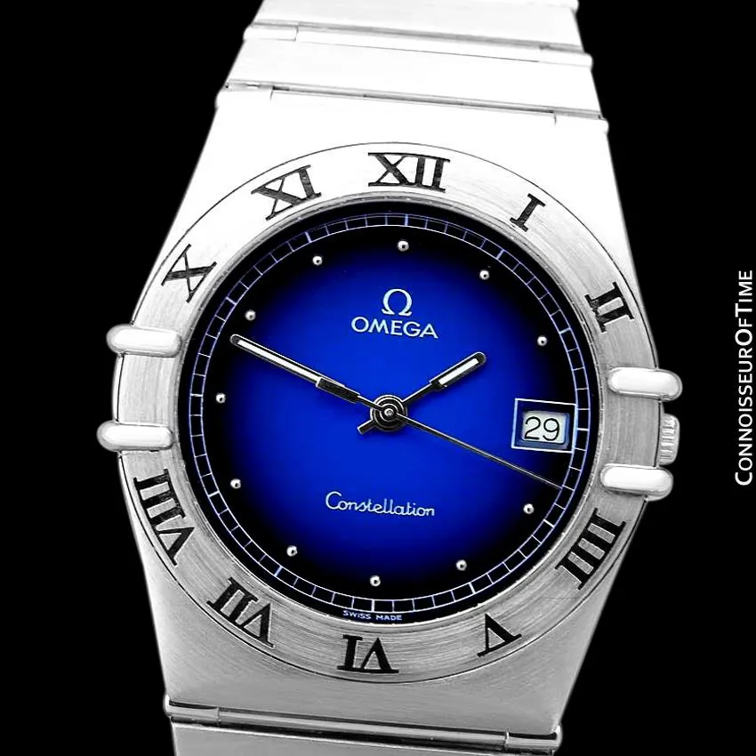 Omega Constellation Mens 35mm Blue Vignette Dial Watch, Quartz, Date - Brushed Stainless Steel