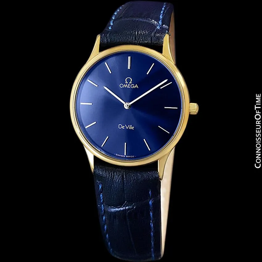 Omega De Ville Mens Thin Quartz Dress Watch with Blue Dial - 18K Gold Plated & Stainless Steel