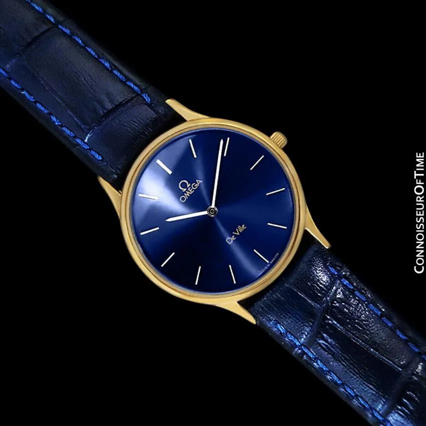 Omega De Ville Mens Thin Quartz Dress Watch with Blue Dial - 18K Gold Plated & Stainless Steel