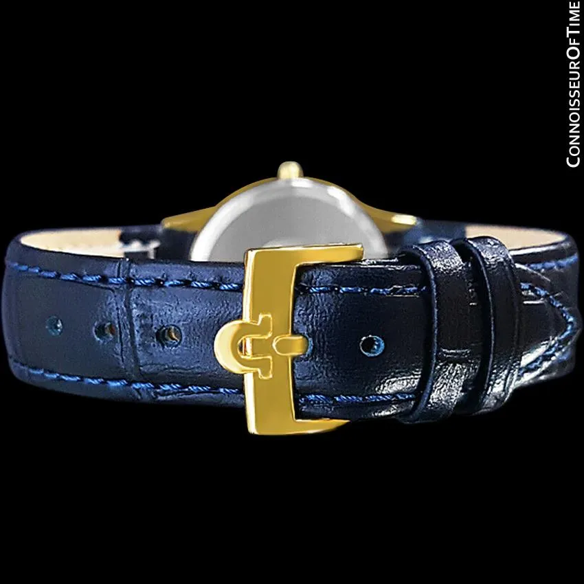 Omega De Ville Mens Thin Quartz Dress Watch with Blue Dial - 18K Gold Plated & Stainless Steel