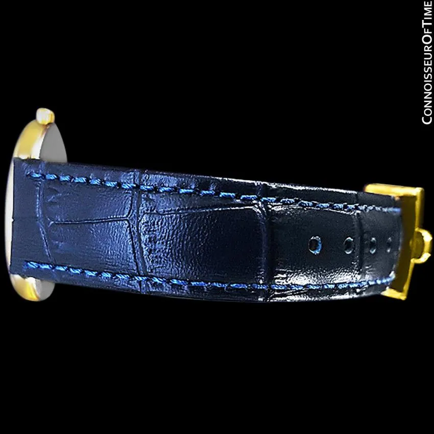 Omega De Ville Mens Thin Quartz Dress Watch with Blue Dial - 18K Gold Plated & Stainless Steel