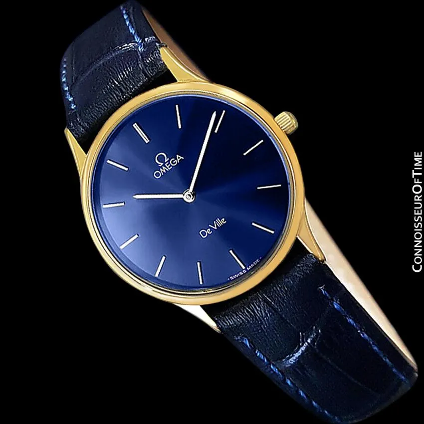Omega De Ville Mens Thin Quartz Dress Watch with Blue Dial - 18K Gold Plated & Stainless Steel