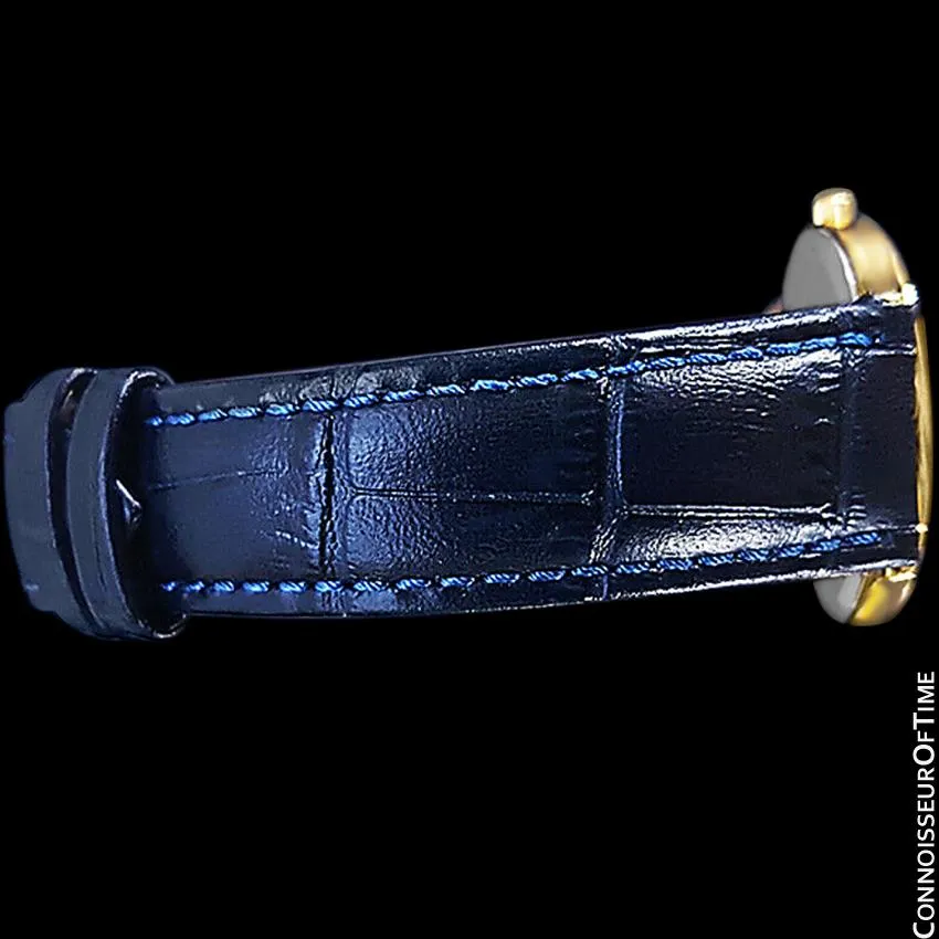 Omega De Ville Mens Thin Quartz Dress Watch with Blue Dial - 18K Gold Plated & Stainless Steel