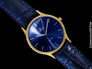 Omega De Ville Mens Thin Quartz Dress Watch with Blue Dial - 18K Gold Plated & Stainless Steel