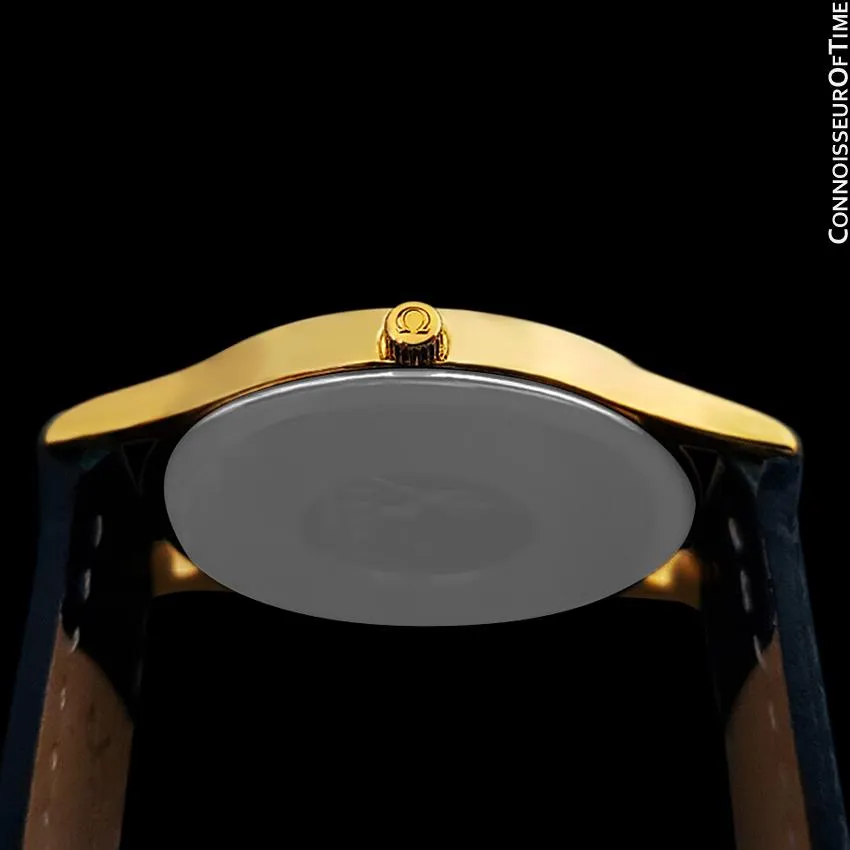 Omega De Ville Mens Thin Quartz Dress Watch with Blue Dial - 18K Gold Plated & Stainless Steel
