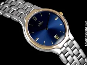Omega De Ville "Symbol" Mens Quartz Blue Dial Dress Watch - Stainless Steel & Solid 18K Gold