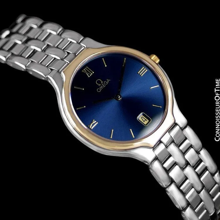 Omega De Ville "Symbol" Mens Quartz Blue Dial Dress Watch - Stainless Steel & Solid 18K Gold