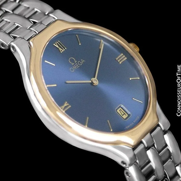 Omega De Ville "Symbol" Mens Quartz Blue Dial Dress Watch - Stainless Steel & Solid 18K Gold