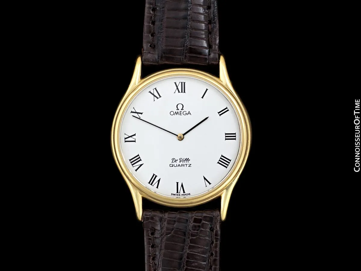 Omega De Ville Vintage Mens Midsize Thin Accuset Dress Watch with White Dial - 18K Gold Plated & Stainless Steel