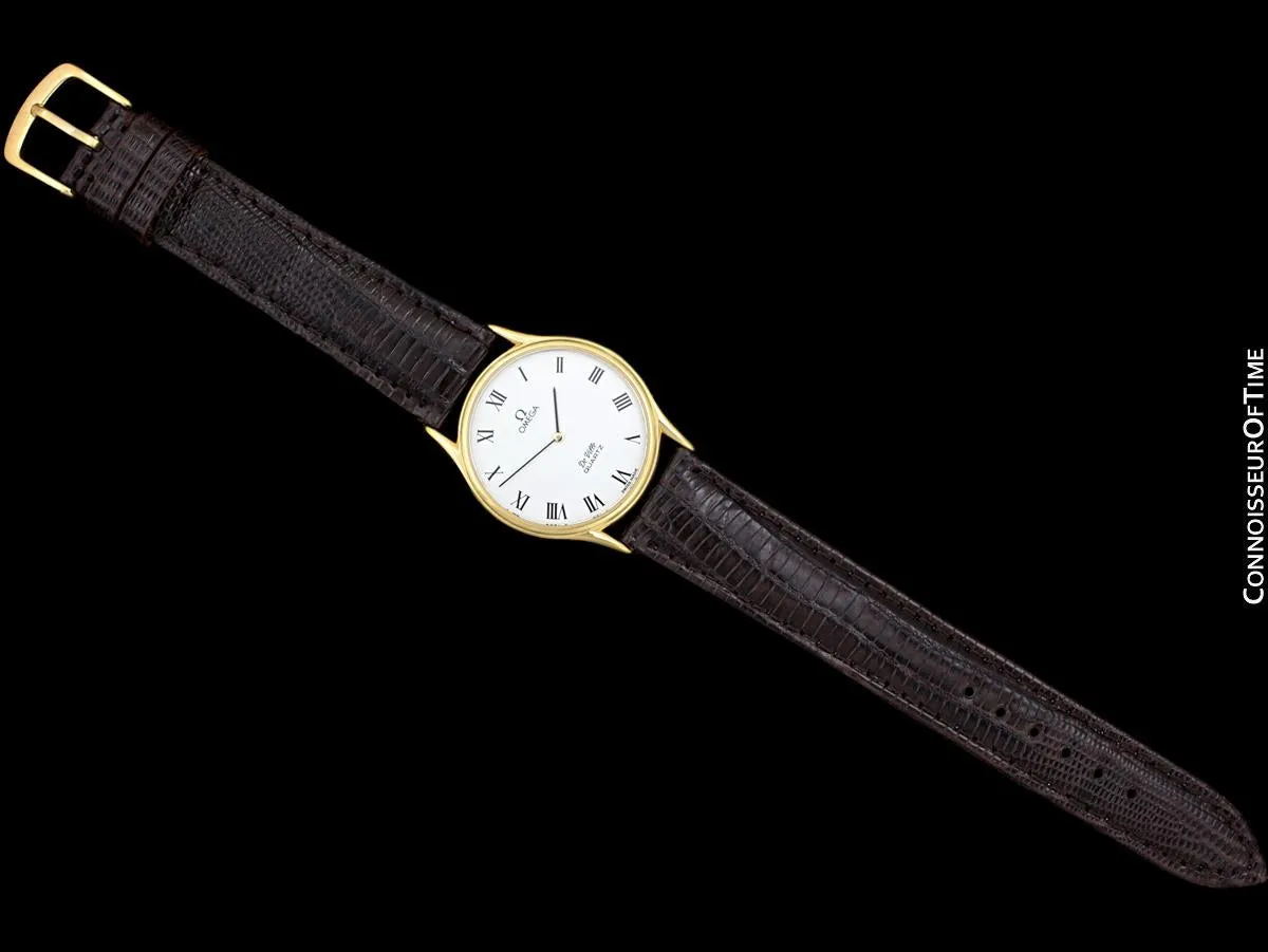 Omega De Ville Vintage Mens Midsize Thin Accuset Dress Watch with White Dial - 18K Gold Plated & Stainless Steel