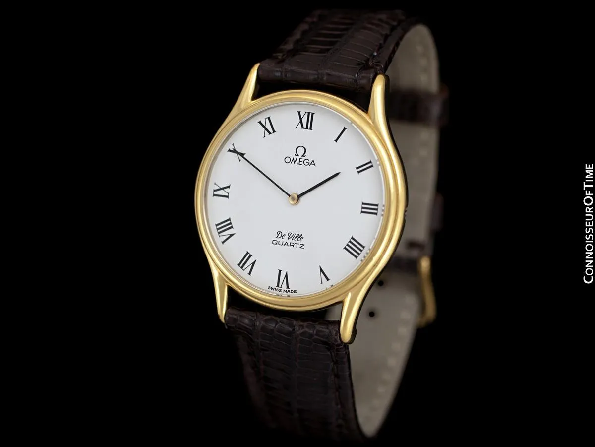 Omega De Ville Vintage Mens Midsize Thin Accuset Dress Watch with White Dial - 18K Gold Plated & Stainless Steel