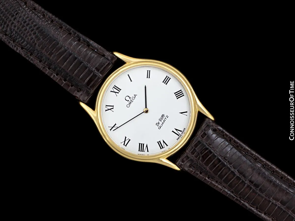 Omega De Ville Vintage Mens Midsize Thin Accuset Dress Watch with White Dial - 18K Gold Plated & Stainless Steel