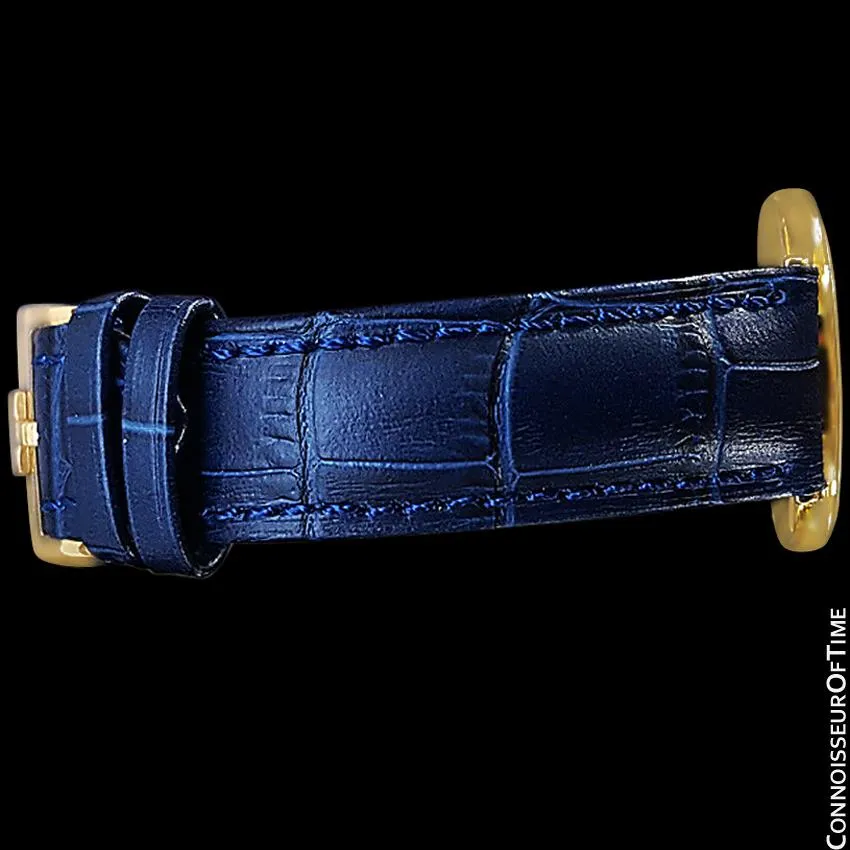 Omega De Ville Vintage Mens Midsize Thin Quartz Dress Watch with Blue Dial - 18K Gold Plated