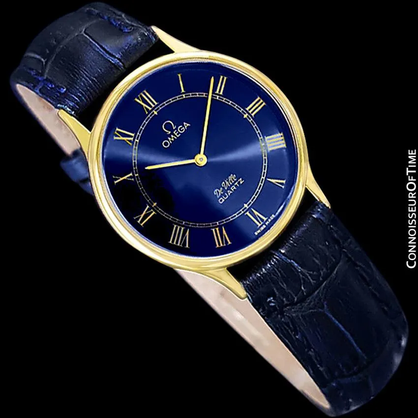 Omega De Ville Vintage Mens Midsize Thin Quartz Dress Watch with Blue Dial - 18K Gold Plated